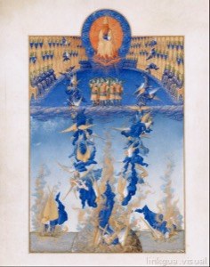 Escena celestial y terrenal de combate y milagro — Hermanos Limbourg