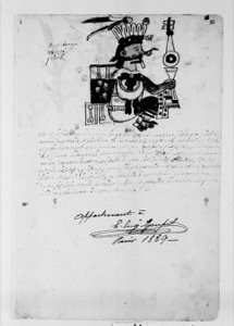 Ilustración de un noble azteca con jeroglíficos y firma — Anónimo