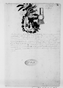 Ilustración de figura mexica y texto colonial — Anónimo