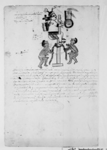 Ilustración de ritual mesoamericano con figures y escritura jeroglífica — Anónimo