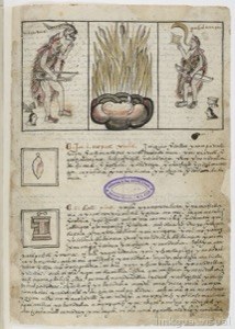 Ilustración de códice prehispánico con glifos y escritura