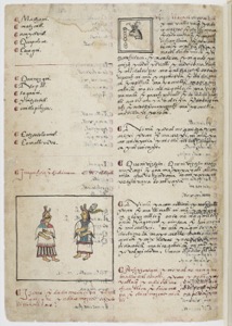 Página de códice prehispánico con escritura y dibujos — Anónimo