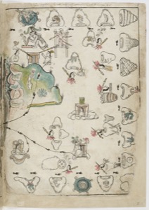 Ilustración de códice prehispánico con figuras y glifos — Anónimo