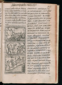 Página de un libro antiguo con texto impreso y tres — Bernardino de Sahagún