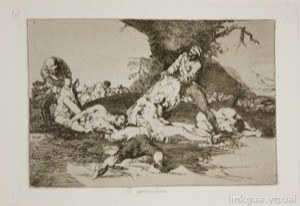 Una escena sombría de cuerpos amontonados y figuras en agonía