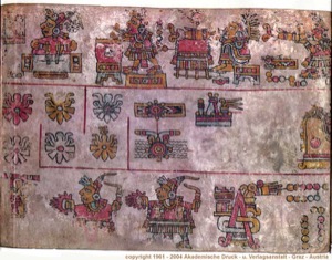 Página de códice Maya con deidades y símbolos — Grupo Mixteco Iya Nacuaa