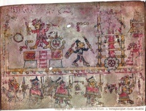 Escena ritual mexica con danzantes y músicos