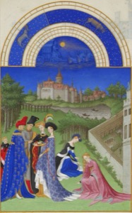 Escena cortesana con castillo y firmamento estrellado — Hermanos Limbourg