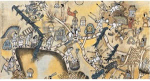 Códice Borgia: — Escena de ritual y batalla Mexica — Tlacuilo anónimo, tradición mixteca-puebla (Códice Borgia)