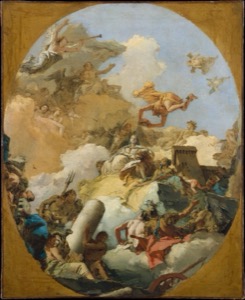 Pintura ovalada que presenta una compleja escena alegórica o mitológica — Anónimo precolombino