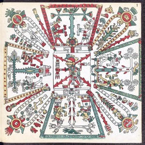 Códice Borgia: — Escena ritual con guerreros y sacerdotes — Tlacuilo anónimo, tradición mixteca-puebla (Códice Borgia)
