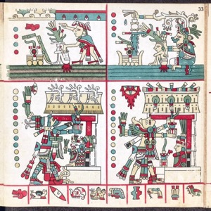 Página de un códice mesoamericano dividida en cuatro paneles — Anónimo tlacuilo