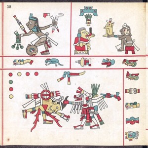Página de códice prehispánico con figuras y glifos — Tlacuilo anónimo