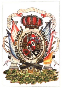 Escudo de armas real adornado con banderas y corona — Baltasar Jaime Martínez Compañón
