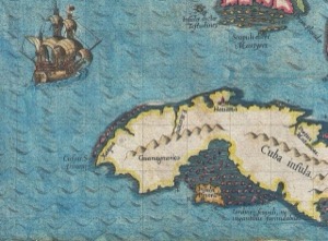 Mapa antiguo de Cuba y un barco — Jacques Le Moyne de Morgues