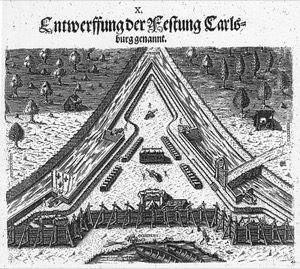 Diseño de una fortaleza con fosos y fortificaciones — Theodor de Bry