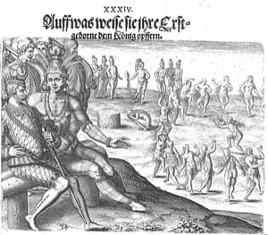 Ofrenda de tributo al rey: Llegada de los primeros exploradores — Theodor de Bry