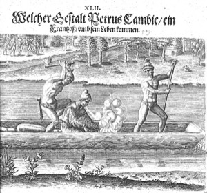 Indígenas navegando en canoa y trabajando en un paisaje tropical — Theodor de Bry