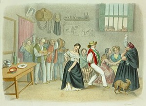 Escena popular en interior con grupo de personas — Baile de