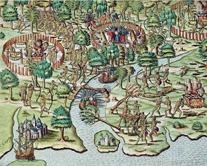Escena de conquista con nativos y europeos