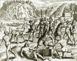 Violenta escena de conquista y sometimiento de indígenas — Christopher Columbus Soldiers Chop The Hands Off Of