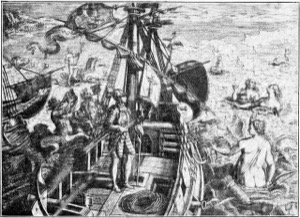 Navegantes y criaturas marinas en escena de expedición — Columbus