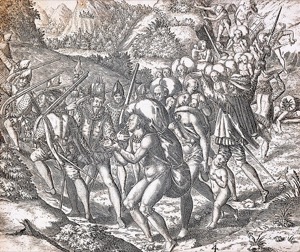 Conquista de América: Encuentro de españoles e indígenas — Conquistadors Espagnols Utilisant Les Am Rindiens