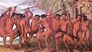 Nativos americanos en ritual con lanzas y plumas — Anónimo