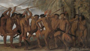Escena de guerreros nativos con lanzas y armas de fuego — Danca dos
