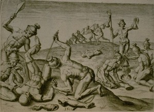 Combate y Muerte de Guerrero Indígena — Theodor de Bry
