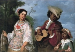 Retrato de pareja y niño con música en jardín — De Mulato y