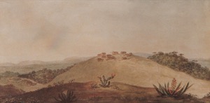 Paisaje montañoso con asentamiento y vegetación desértica — Jean-Baptiste Debret