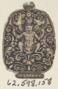 Grabado ornamental con figura grotesca y follaje — Anónimo