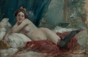 Mujer desnuda recostada en cama — Anónimo