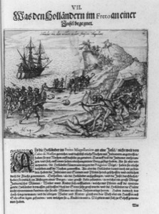 El desembarco de los holandeses en la isla de los Gigantes — Dutch Soldiers Battling Natives At Strait Of Magellan.