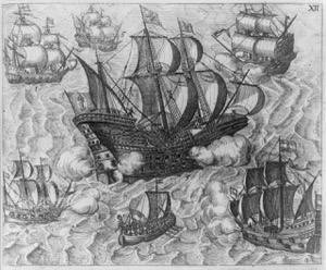 Combate naval con múltiples embarcaciones y explosiones — Eine Cracke von S. Thome Wirdt...