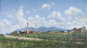 Paisaje rural con chimenea industrial y casas — Francisco Oller Hacienda