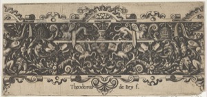 Ornamento decorativo con figuras grotescas y animales — Theodor de Bry