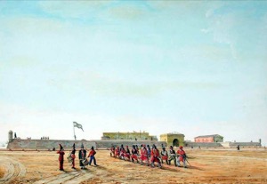 Desfile militar frente a fortificación antigua — Anónimo