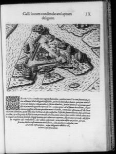 Mapa de una fortificación en una isla fluvial rodeada de agua y vegetación — Jacques Le Moyne de Morgues