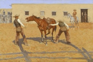 Caballos y vaqueros en un patio — Frederic Remington
