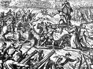 Grabado de batalla épica con caballería, infantería y artillería — Inca Spanish