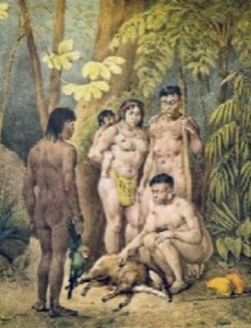 Indígenas con animales y frutas en la selva — Anónimo