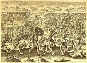 Escena de batalla antigua con guerreros indígenas y europeos
