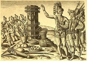Encuentro entre españoles y nativos americanos — Jacques Le Moyne de Morgues