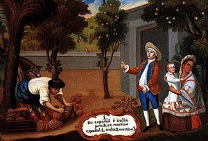 Escena costumbrista que ilustra una familia mestiza — Anónimo (pintura de castas)