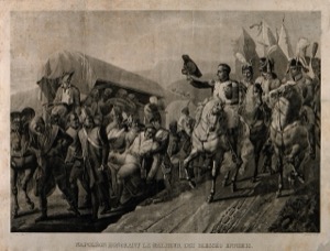 Bonaparte recibe un águila de un indígena — Napoleon Bonaparte Saluting Wounded Enemy Soldiers.