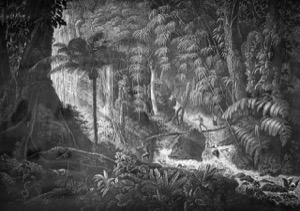 Escena de selva tropical con figuras humanas y vegetación exuberante — Painting In Fish In Itau