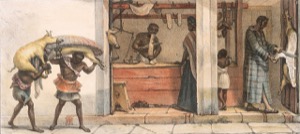 Escena de mercado con porteadores y carnicería — Pork Butcher And