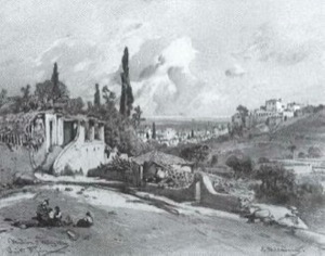 Vista del Campo con Figuras y Construcciones Antiguas — Eduard Hildebrandt